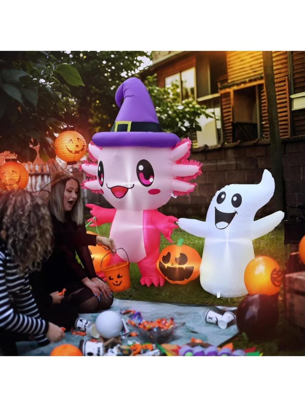 5.7FT Halloween Inflatable Axolotl Ghost with Pumpkin & LED Lights - Yard Decor